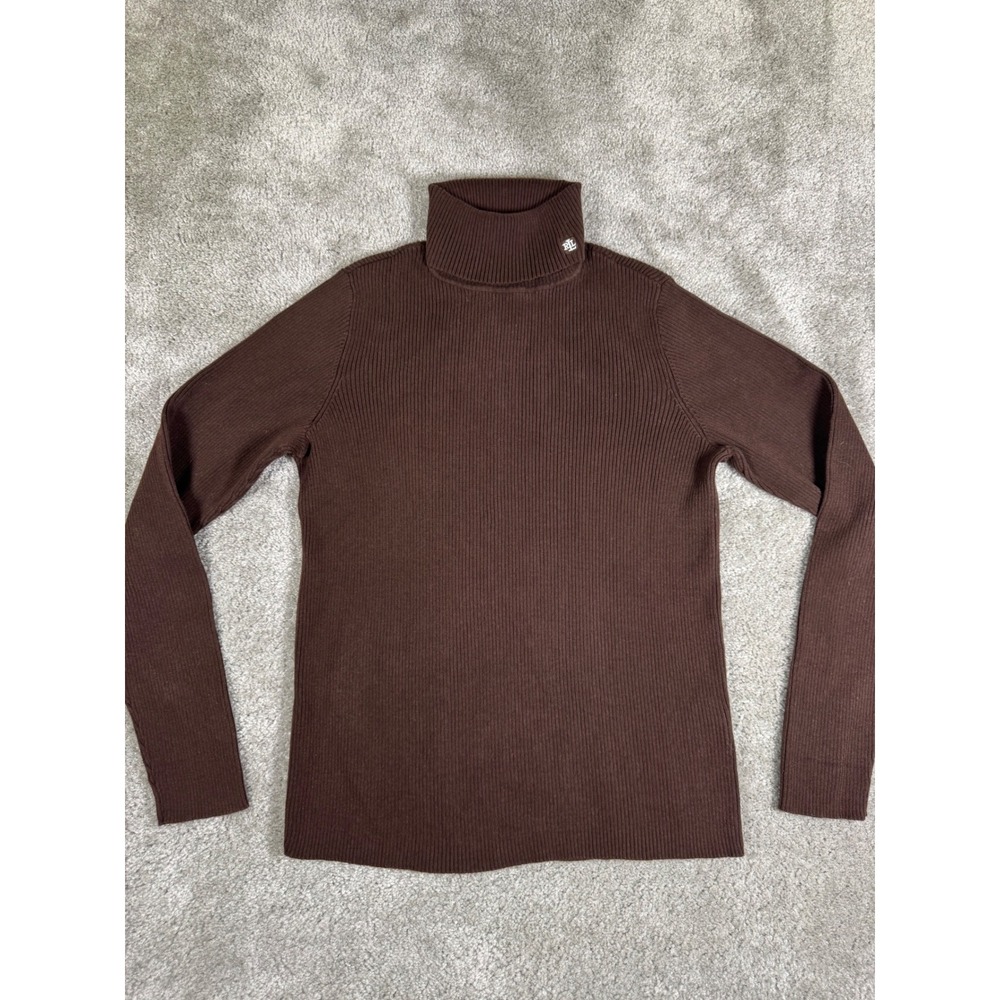 Lauren Ralph Lauren Brown Ribbed Cotton Turtleneck Sweater LRL Logo Large